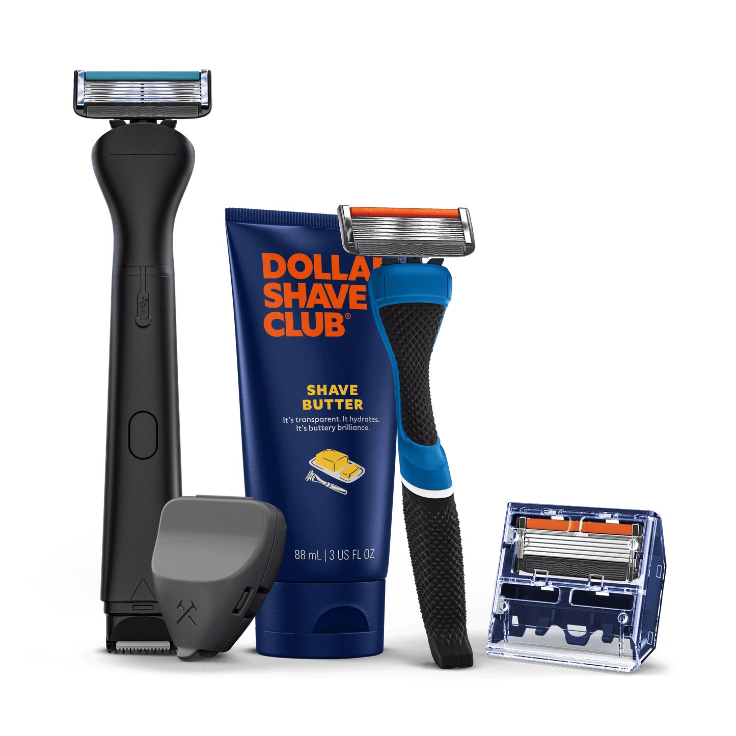 Dollar Shave Club razors and shave butter on a black background