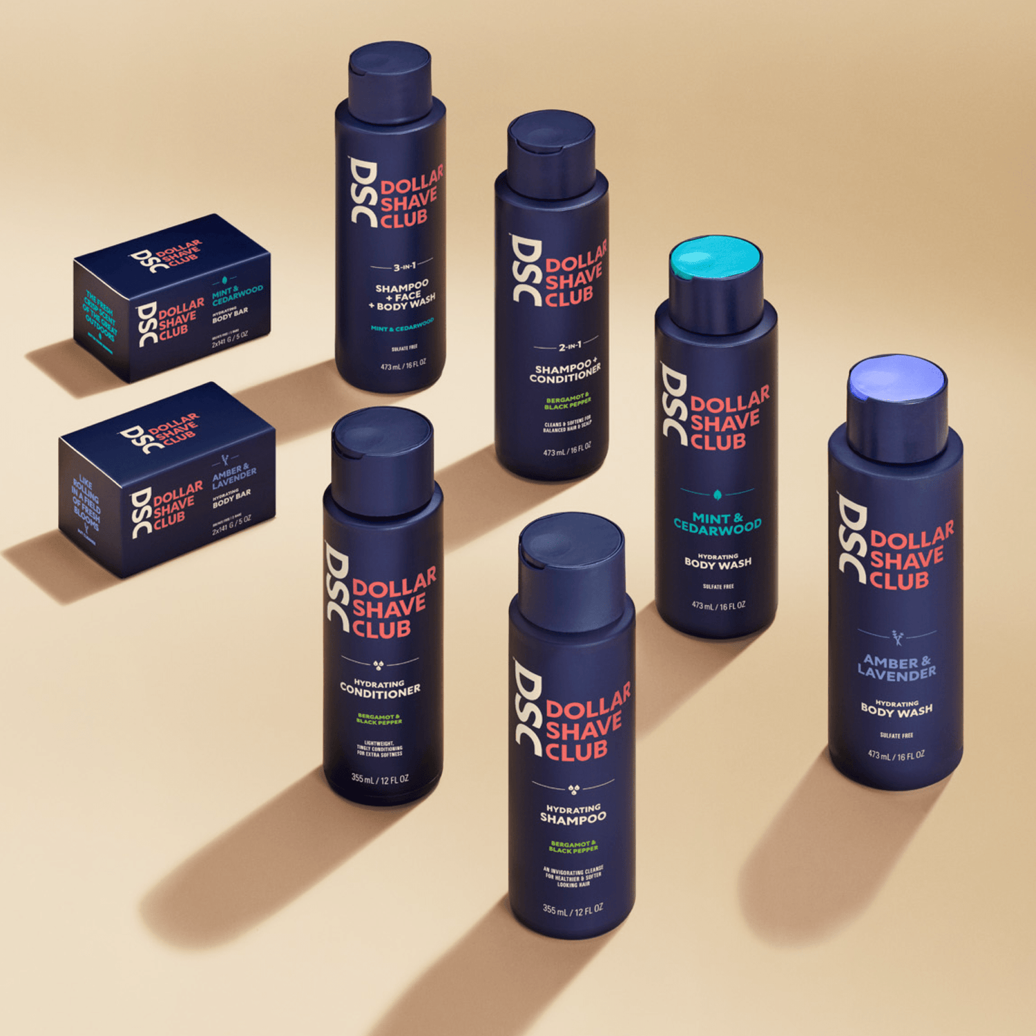 Image of Shower & Body Lineup Including Body Bars, Body Wash and Shampoo and Conditioner.