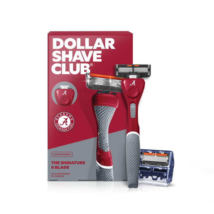 Dollar Shave Club razor with packaging featuring University of Alabama logo on a white background