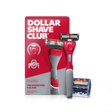 Dollar Shave Club Ohio State University grooming kit on a white background. Includes a scarlet razor handle with the OSU Buckeyes logo, 24 blades, Shave Butter, Prep Scrub, a black 3-in-1 electric trimmer, and a black traveler case.
