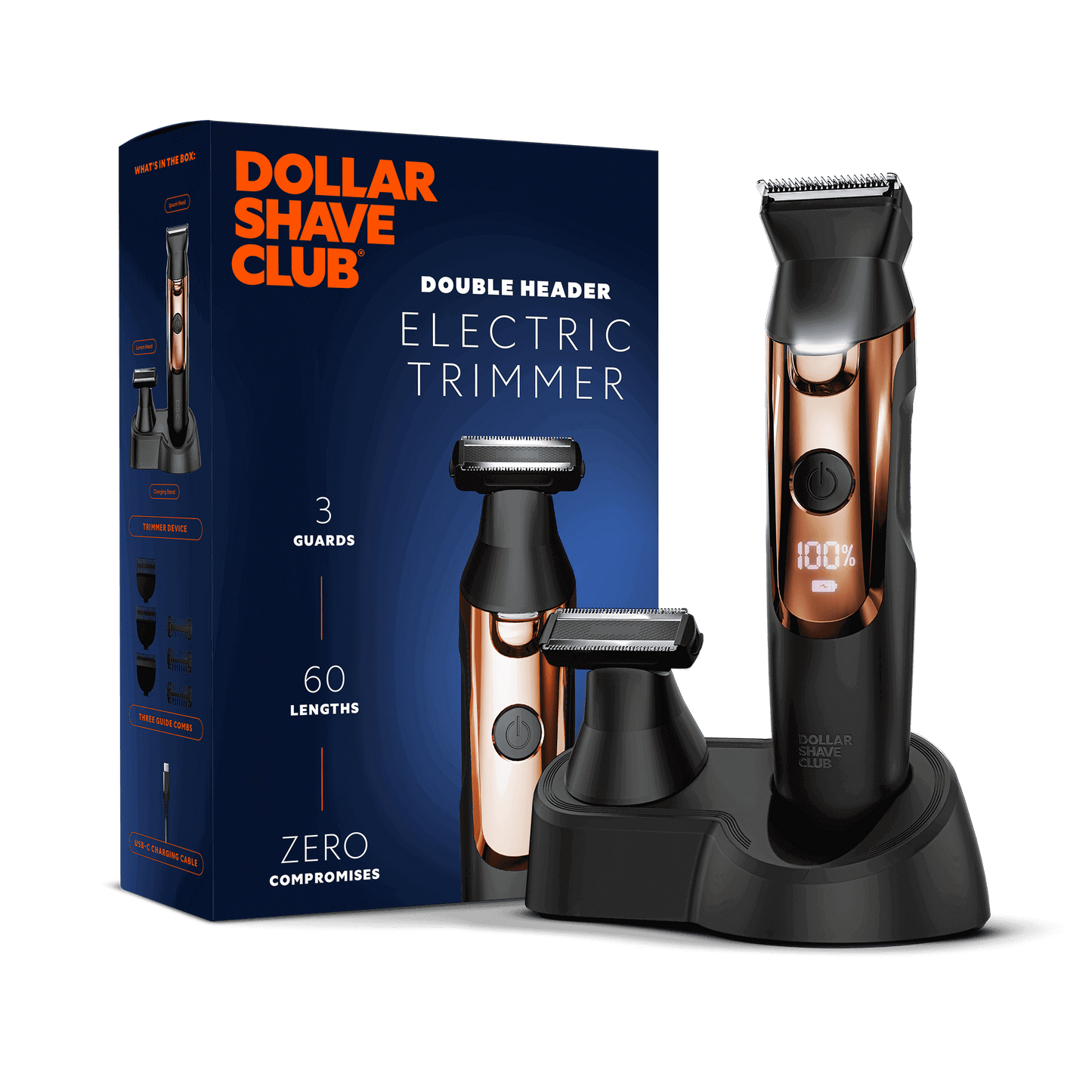 Dollar Shave Club electric trimmer with packaging on a black background