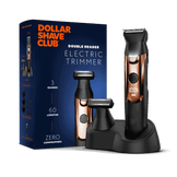 Dollar Shave Club electric trimmer with packaging on a black background