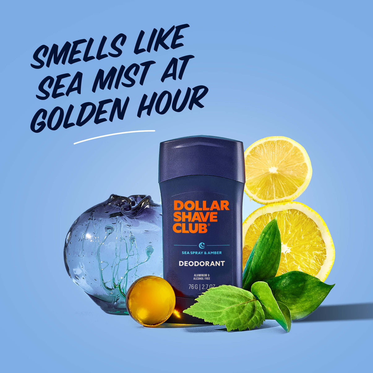 Dollar Shave Club deodorant with lemons, ice, and mint leaves on a blue background