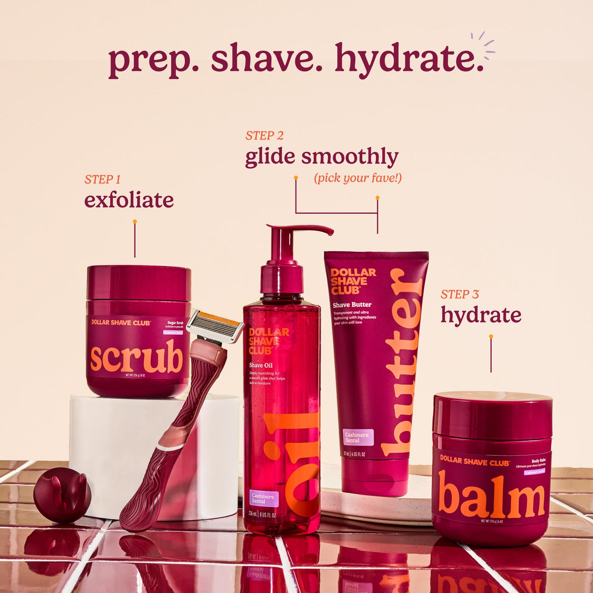 Dollar Shave Club grooming products with step-by-step instructions on a beige background