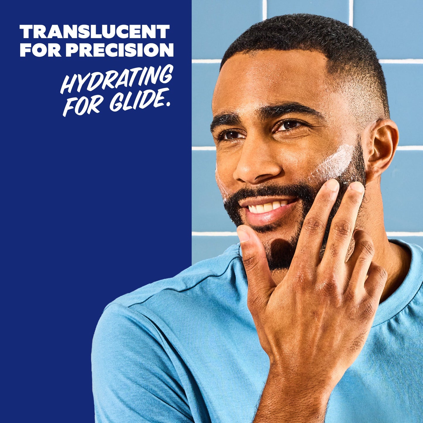 Man applying skincare product with text about product benefits on a blue background