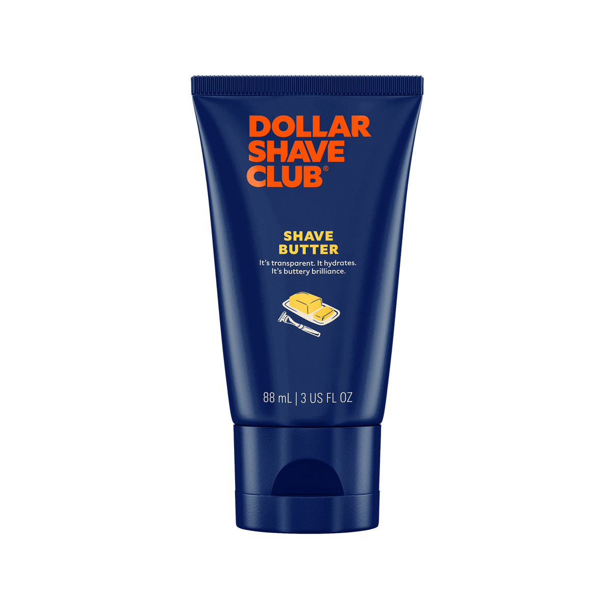 A blue tube of Dollar Shave Club Shave Butter, which is a translucent shaving cream alternative designed to help soften whiskers and enable precise navigation.