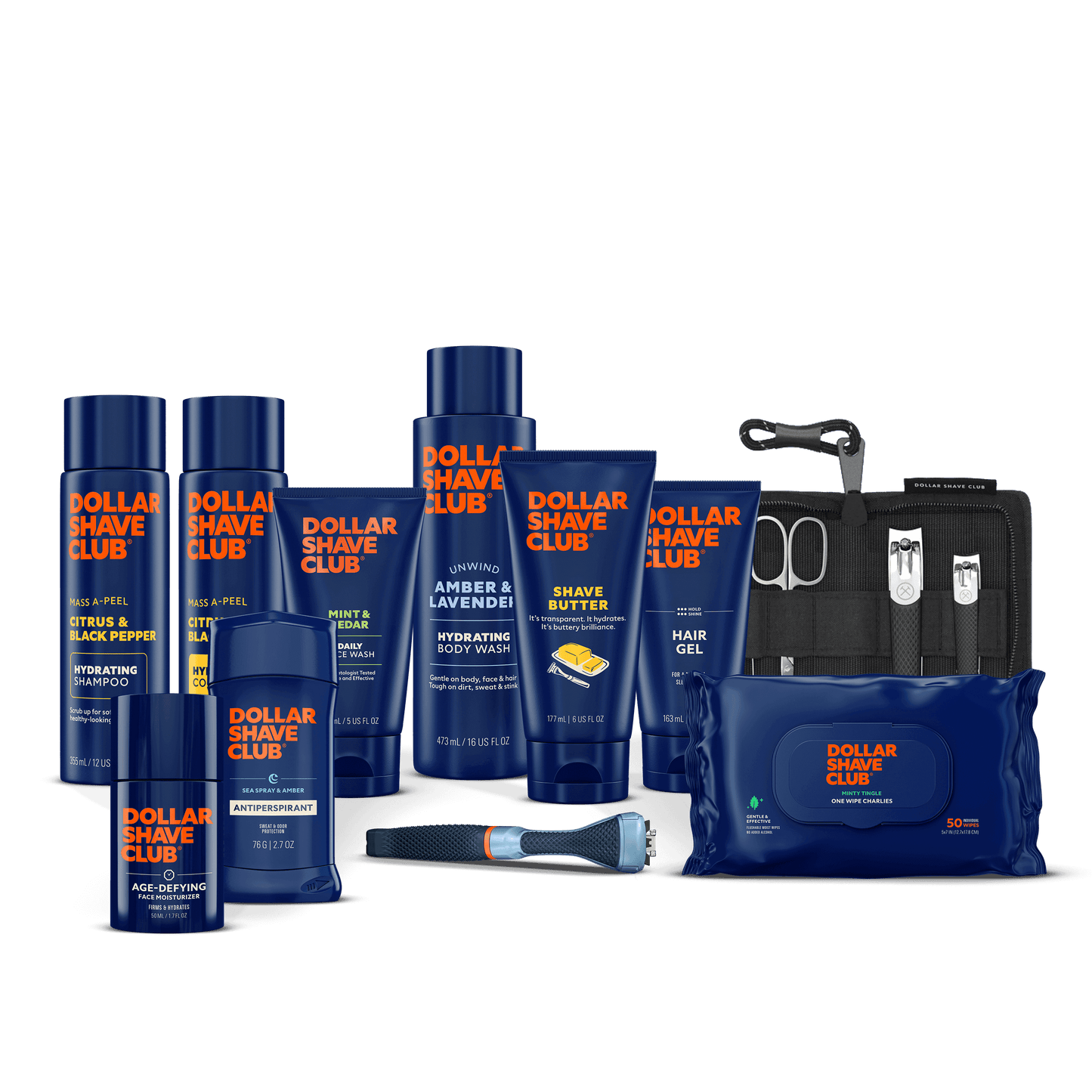 Collection of Dollar Shave Club products including bottles, a razor, and grooming items on a black background.