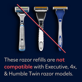 Executive, 4X and humble Twin razor models with a red line through it.